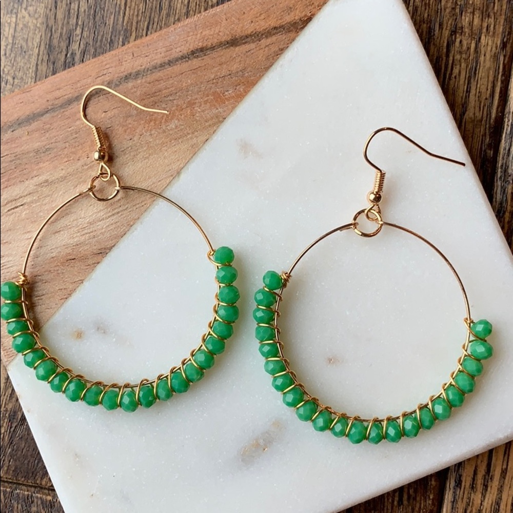 Green Glass Bead Hoops
